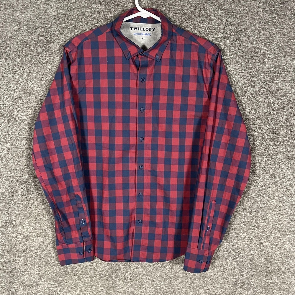 Twillory Shirt Mens Medium Red Blue Plaid Long Sleeve Button Stretch Casual